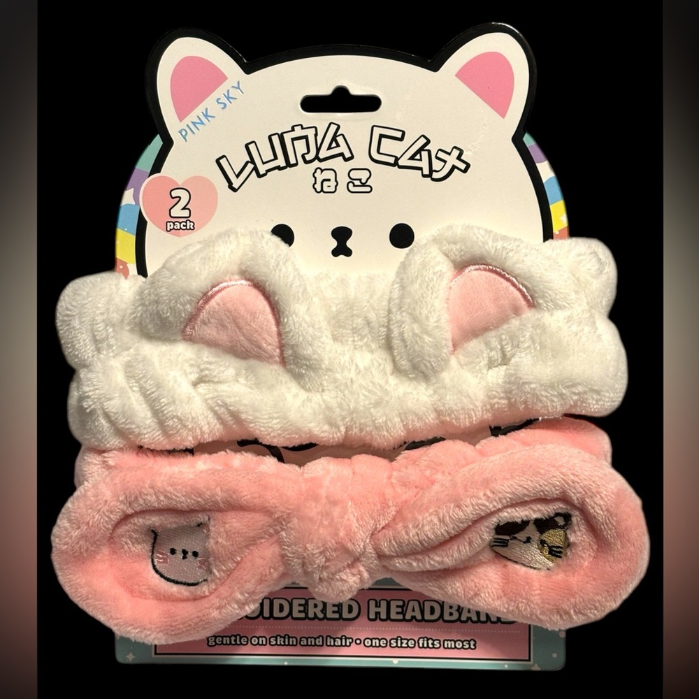 NWT•Pink Sky Luna Cat 2pc Spa Headbands